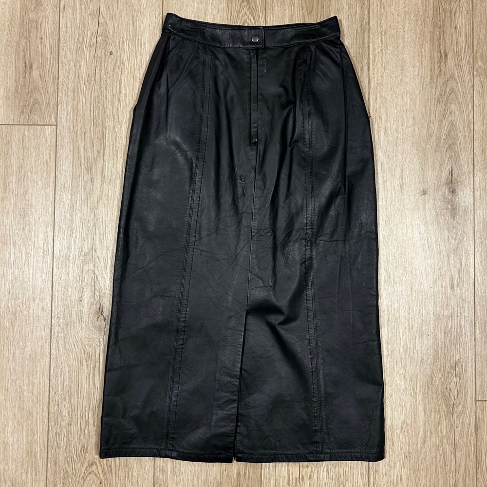 Petite Elena by Irene Koenig Vintage Black Genuine Leather Midi Skirt Size 6 - Picture 3 of 7